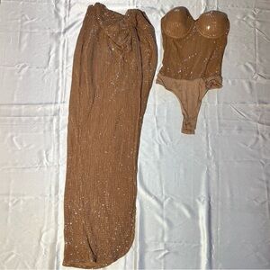 Jluxlabel Nude Sequin Bodysuit and Skirt Set SZ S